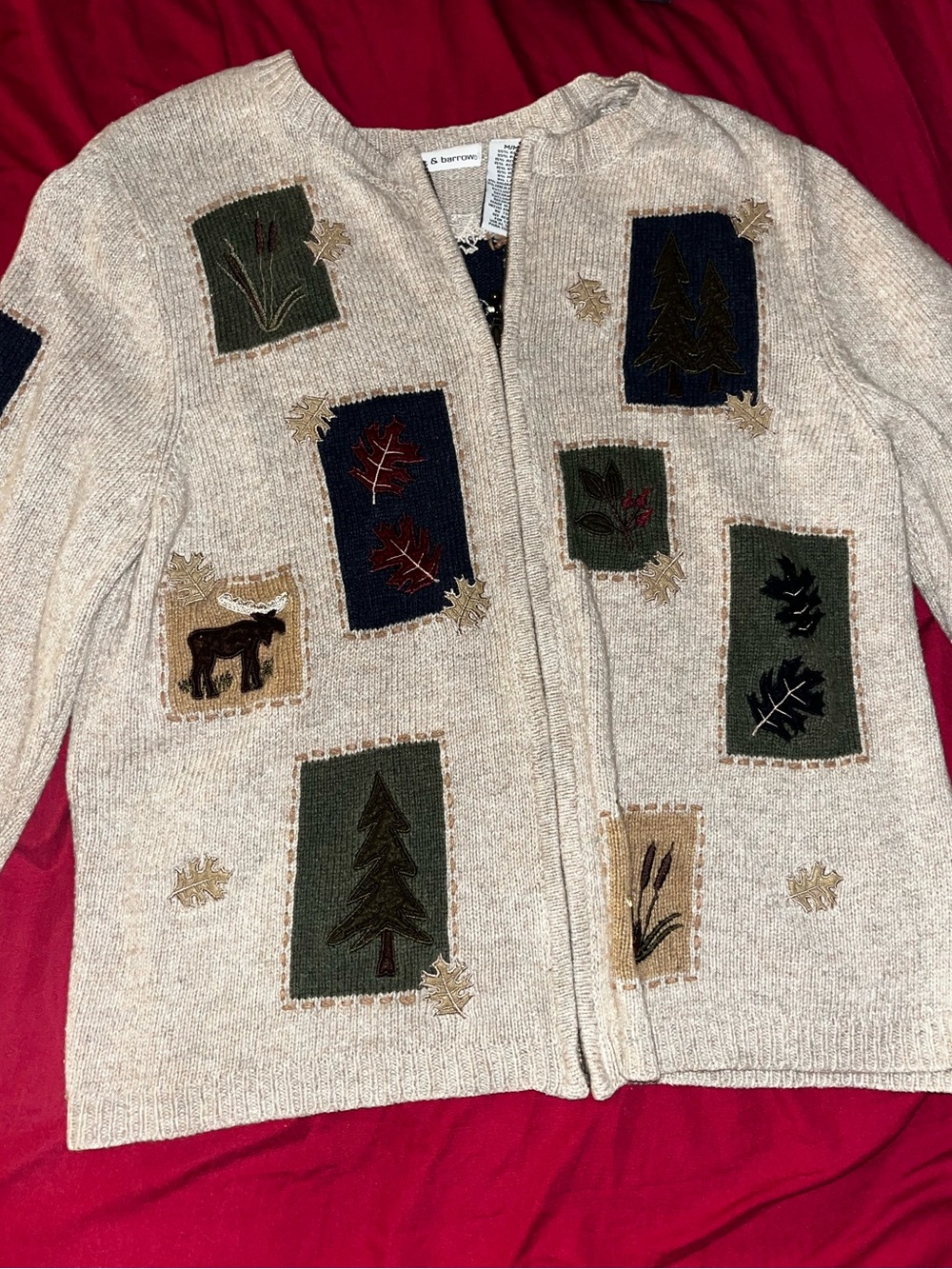 croft & barrow Beige Knit Sweater with Navy Forest Patch